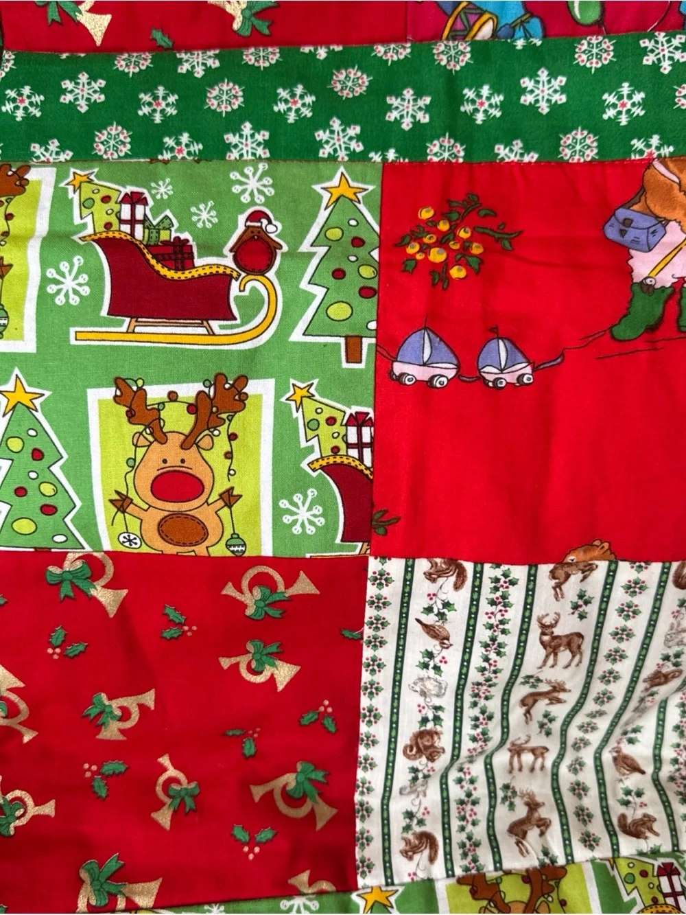 Handmade Christmas Patchwork Quilt 50x38 Holiday Reindeer Tree Sleigh Throw